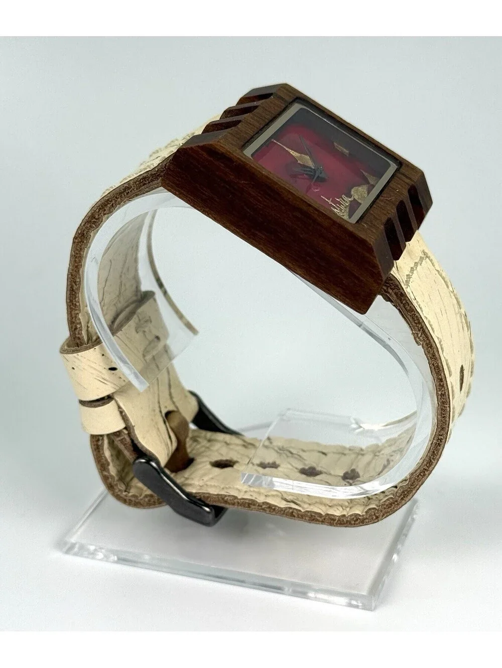 Mistura Wooden Watch Red Dial Birch Leather Strap Japan Movement Working